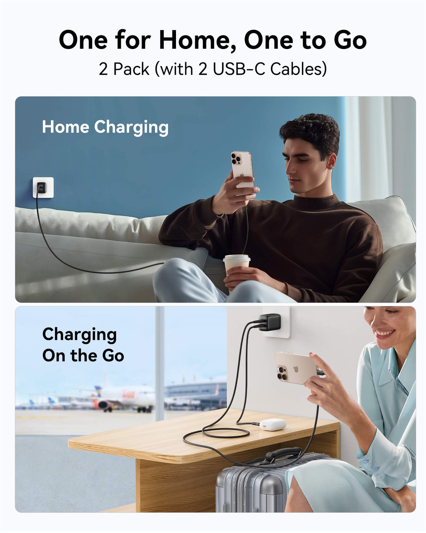 INIU A12-E1 Charger: Dual charging pack with USB-C cables, home and on-the-go use for phones and more.