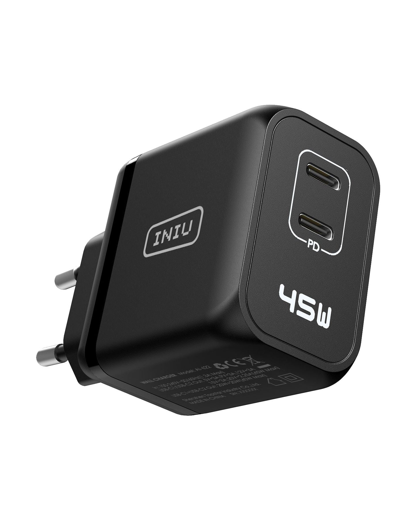 INIU I622 45W USB C Charger, black, dual USB-C ports with PD, 45W output, fast charging wall adapter