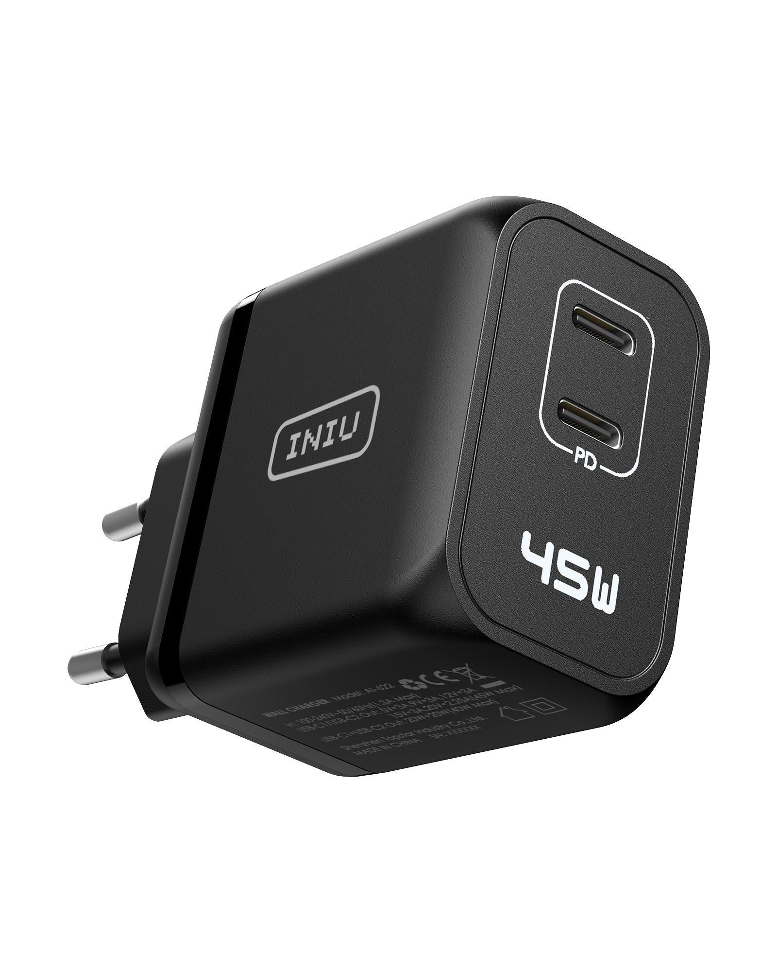 INIU I622 45W USB C Charger, black, dual USB-C ports with PD, 45W output, fast charging wall adapter