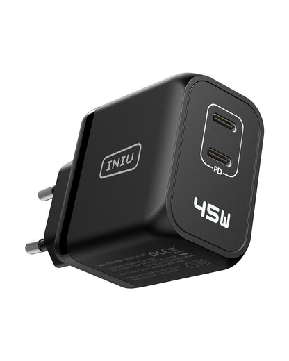 INIU I622 45W USB C Charger, black, dual USB-C ports with PD, 45W output, fast charging wall adapter
