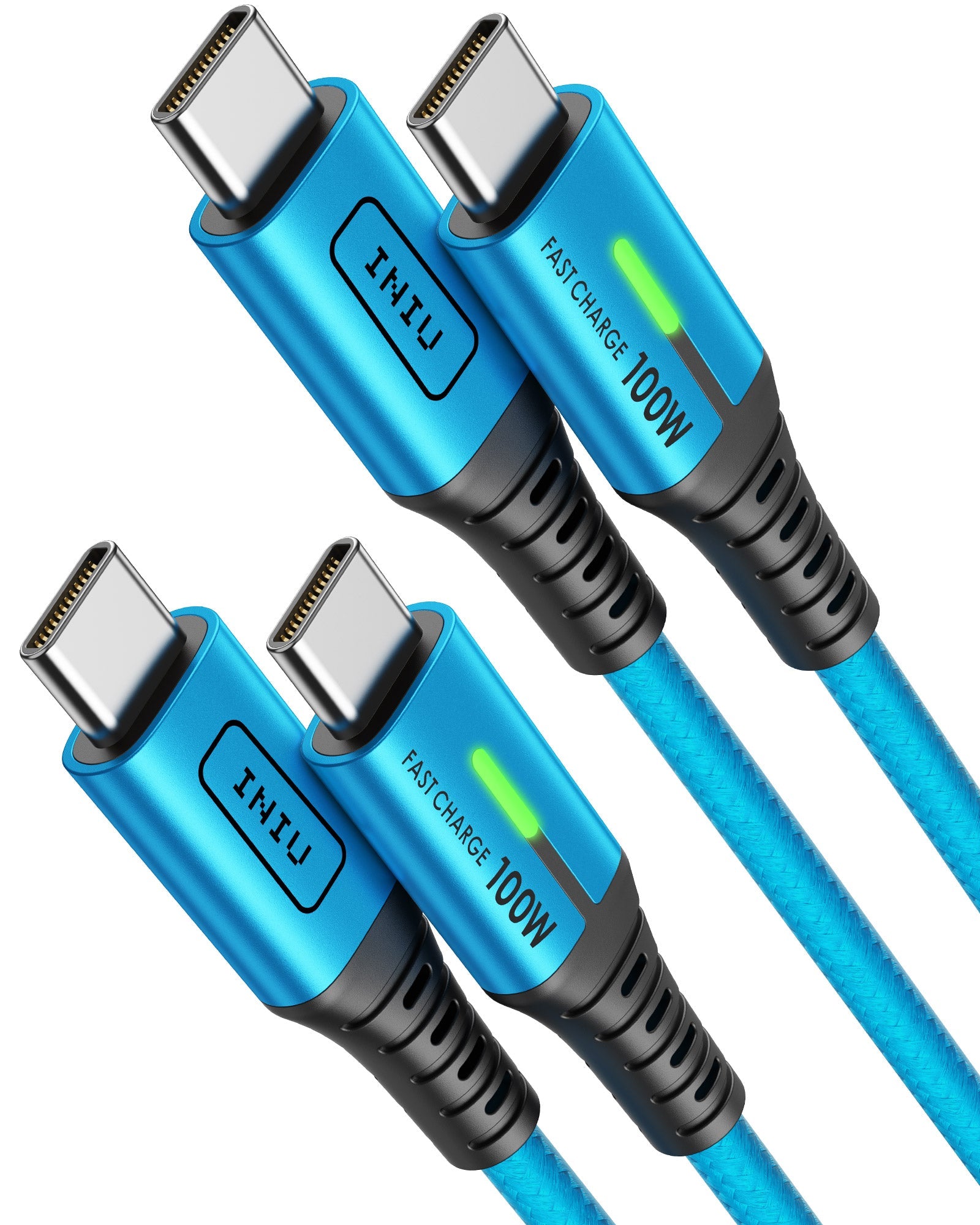 INIU D5CC USB C to C Cable Blue 100W, 2-Pack - blue braided cable with USB-C connectors, displaying Fast Charge 100W