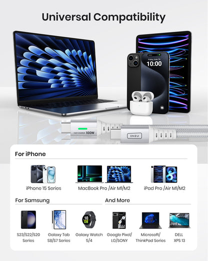 INIU D5CC USB C to C Cable: Universal compatibility, charging iPhone, MacBook, and other devices with 100W fast charging.