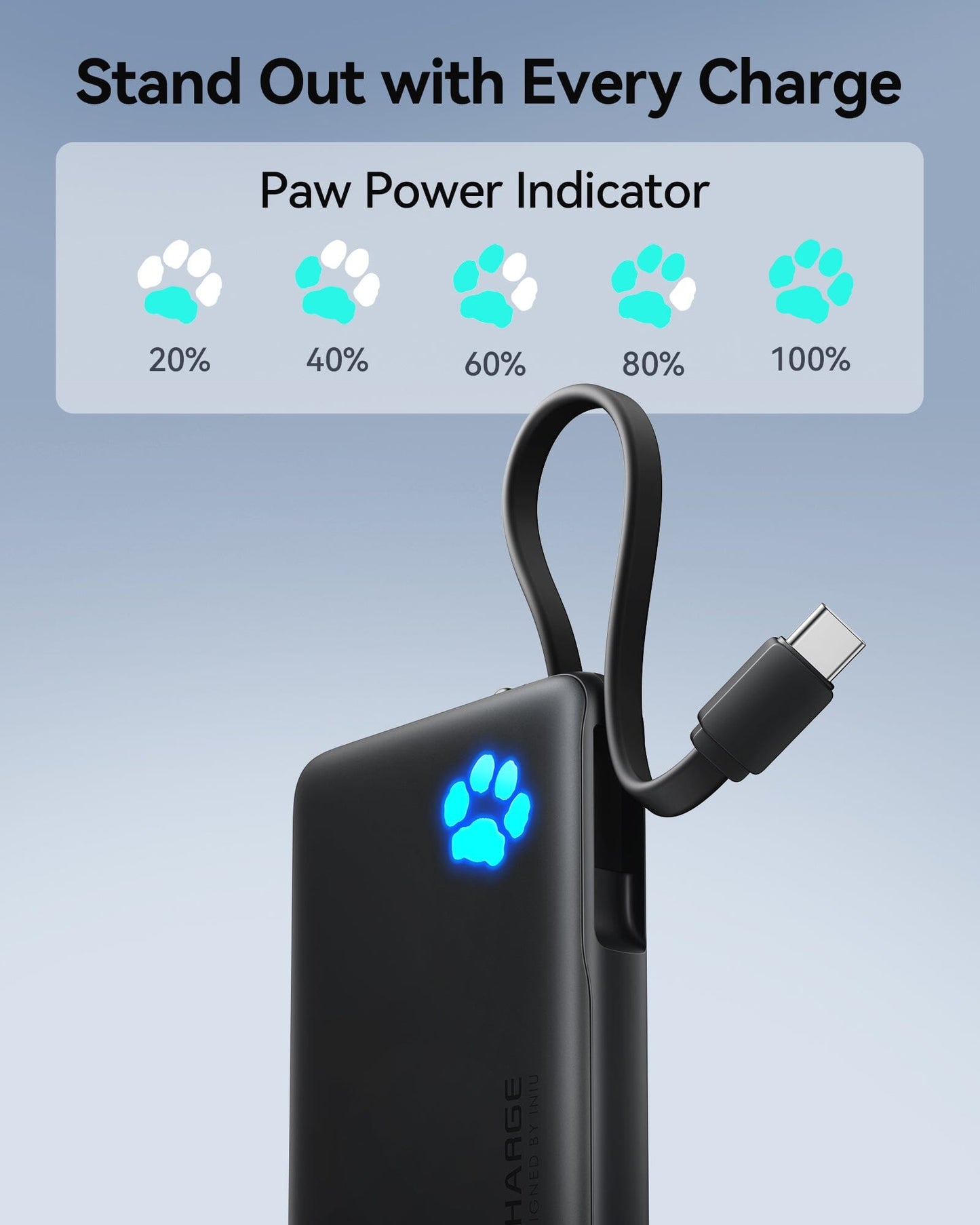 INIU P41L-E1 Power Bank: Unique paw power indicator showing charge level on a black portable charger.