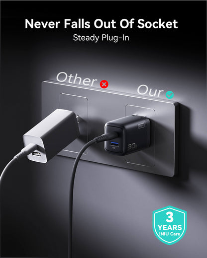 INIU A12-E1 Charger: Steady Plug-In Design, 30W Fast Charging, Dual Port, Black.