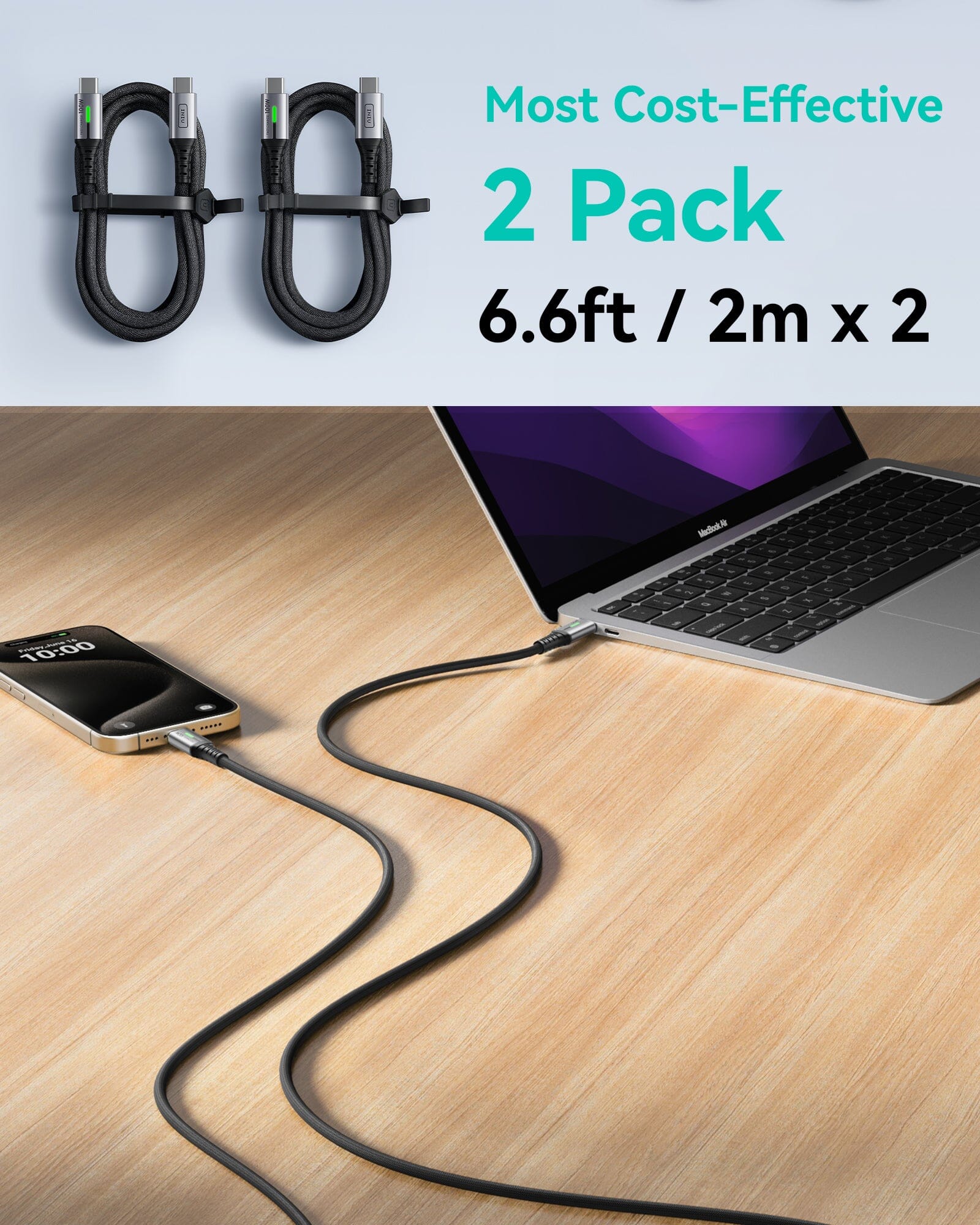 INIU D5CC 100W USB C to C Cable 2-Pack: black fast charging cables for iPhone & MacBook, 6.6ft