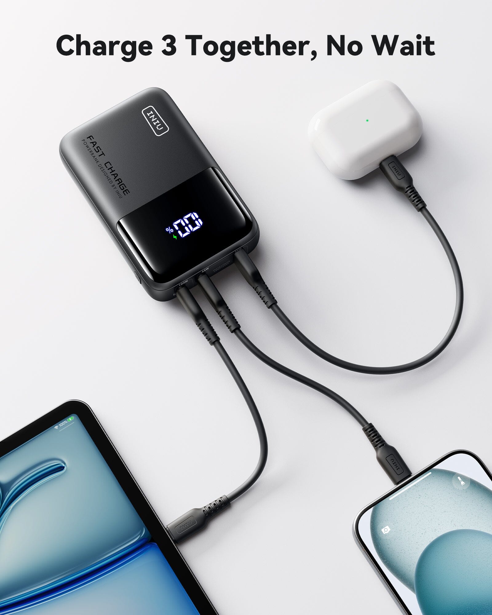 INIU P63-E1 Power Bank charging 3 devices simultaneously, fast charging with USB-C, black charger, no wait.