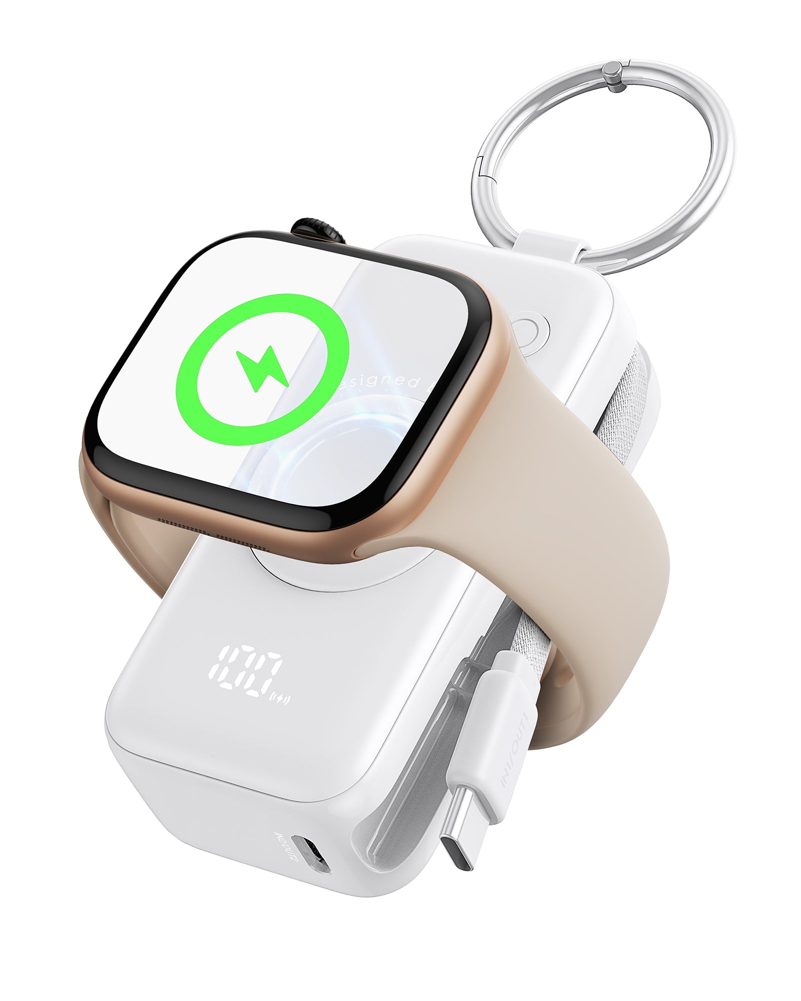 INIU P81-E1 Power Bank charging Apple Watch. Wireless charging with keychain design. 5000mAh.