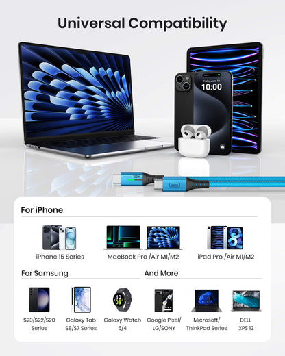 INIU D5CC USB C Cable: Universal compatibility with various devices, featuring blue braided cable and 100W fast charging.