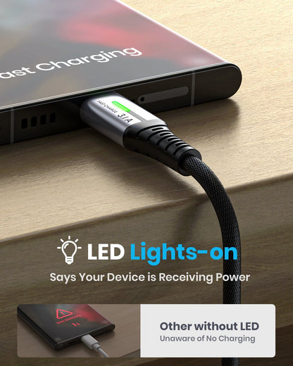 INIU D5C USB-C Cable: Fast charging indicator with LED light, charging a smartphone, 3.1A fast charging.