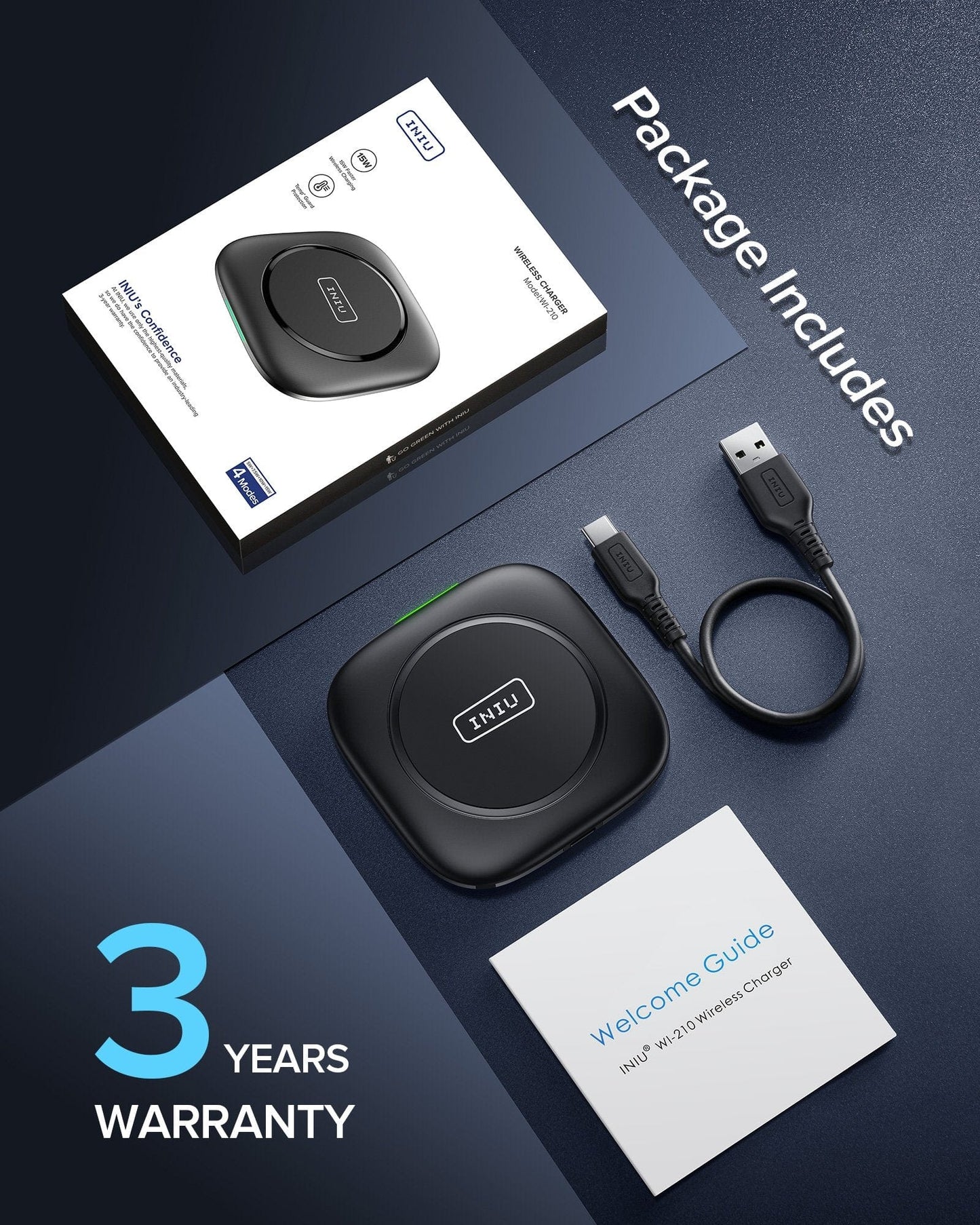 Package Includes :  INIU AirFuel Qi-certified 15W Pad Wireless Charger