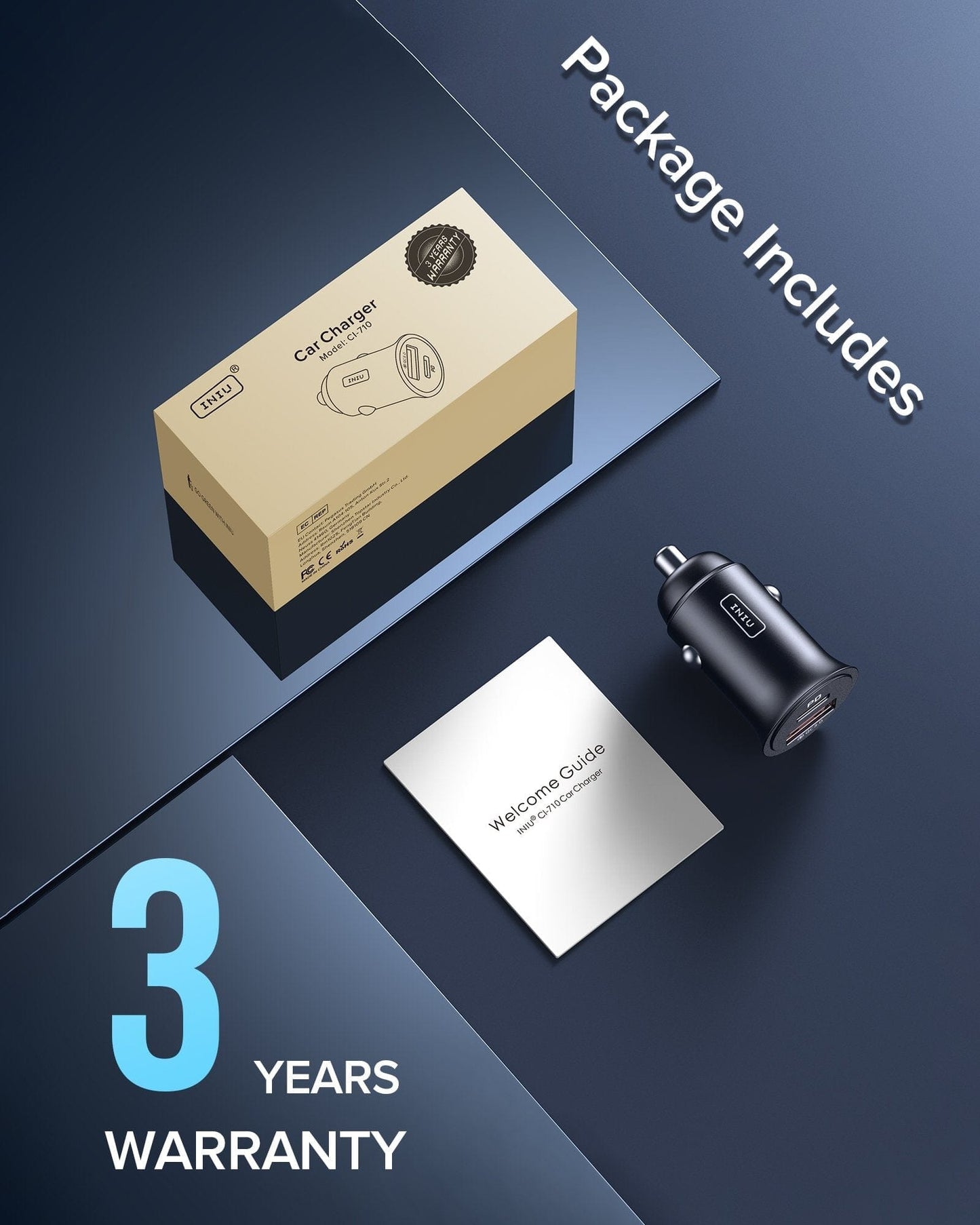 INIU CI-710 Car Charger Package: Includes charger, manual, and 3-year warranty for fast charging