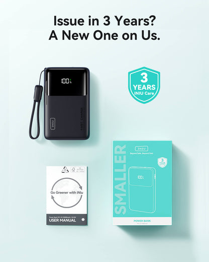 INIU P55-E2 Power Bank with 3-Year Warranty, offering a new one if there is any issue.