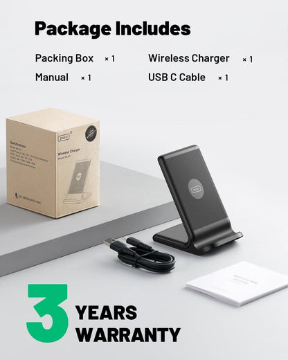 INIU WI-211 Wireless Charger Package Includes: Wireless charger, USB C cable, manual, and packing box, 3-year warranty.