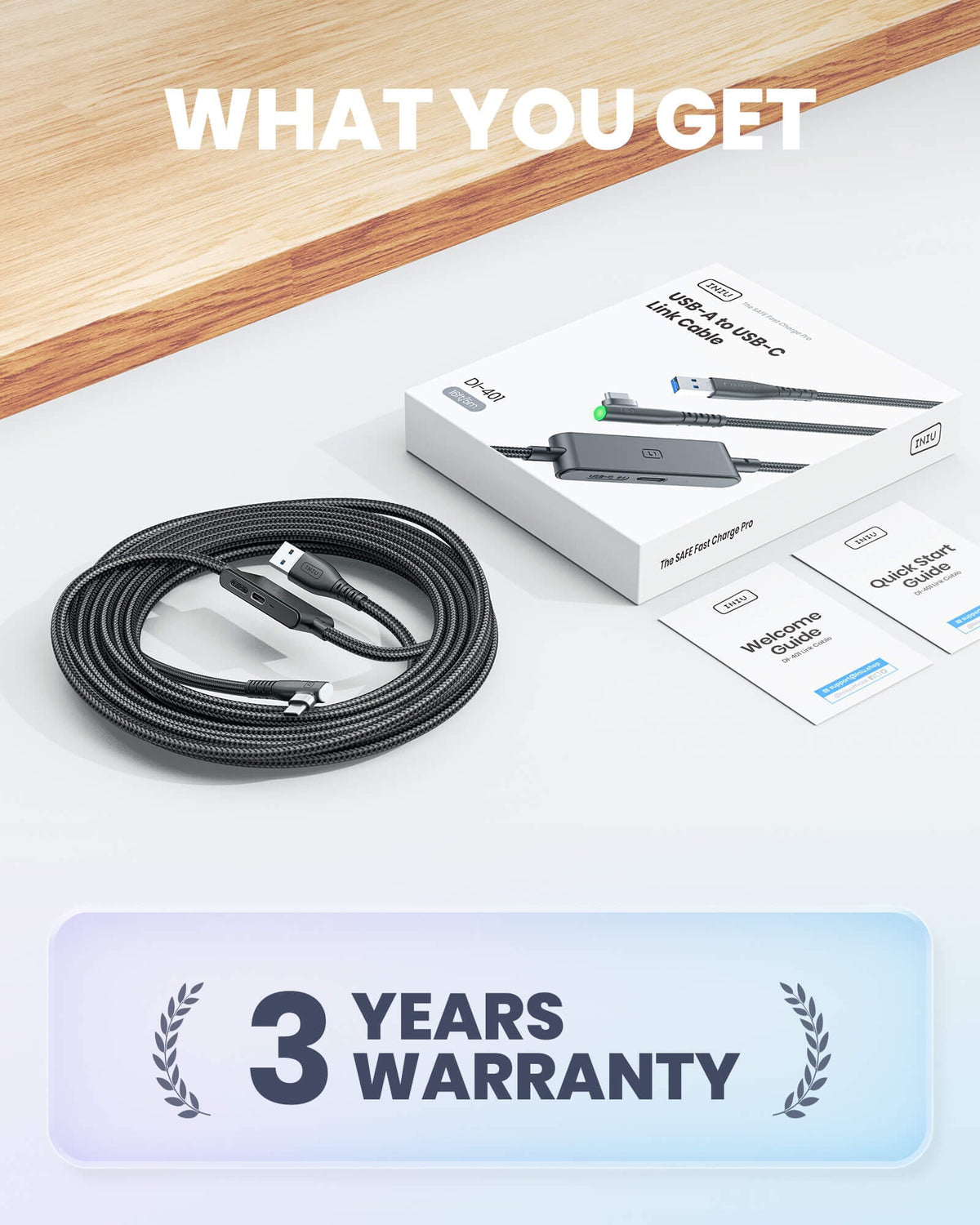 INIU DI401 VR Link Cable Kit - Black braided USB-A to USB-C cable, welcome guide, quick start guide, 3-year warranty.
