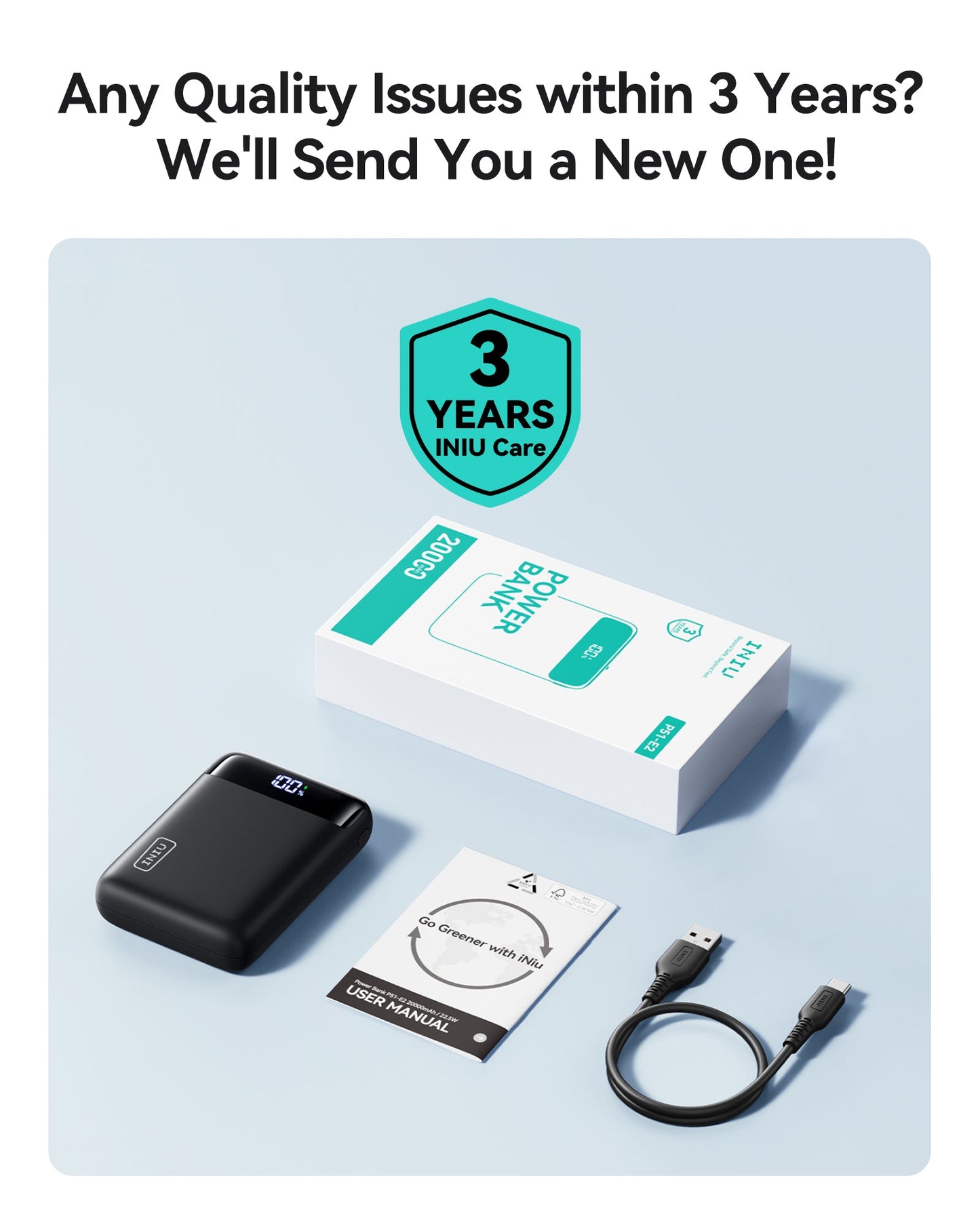 INIU P51-E2 Power Bank with 3-Year Warranty. Black portable charger, accessories, and user manual.