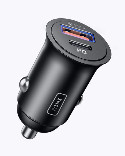 INIU I710 Car Charger, Black, features PD and QC3.0 ports for fast charging iPhone and Android devices, with brand logo