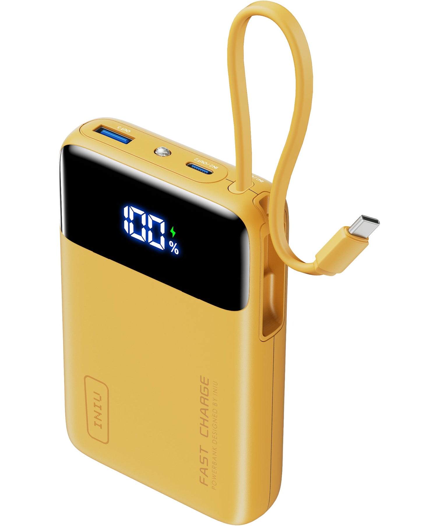INIU Carry P51L-E2 Power Bank in Yellow with USB-C Cable, digital display shows 100% fast charge.
