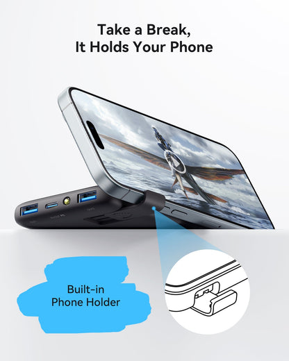 INIU B6 Power Bank - Portable charger with built-in phone holder, "Take a Break, It Holds Your Phone"