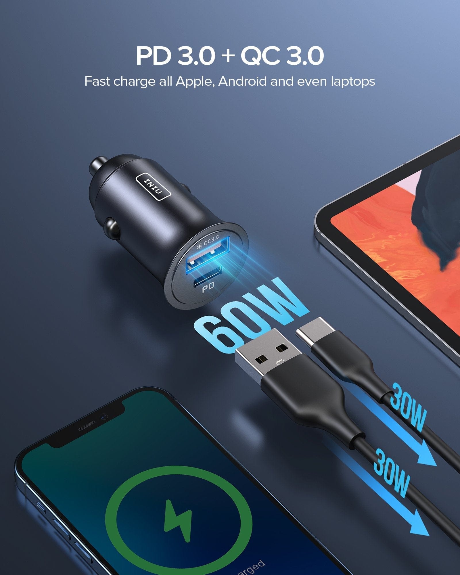 INIU I710 Car Charger: 60W PD 3.0 & QC 3.0 fast charging, charging iPhone, Android, and laptops quickly.