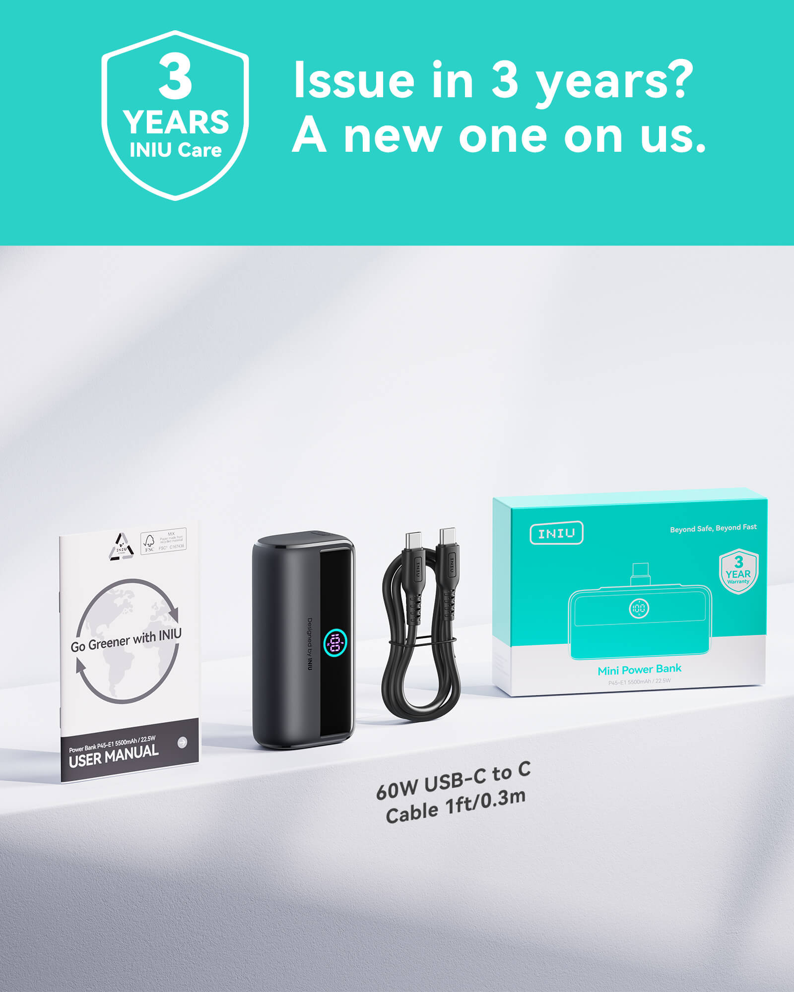 INIU P45-E1 Power Bank Kit: Black design, USB-C cable, 3-year warranty. Safe & Fast Charging.