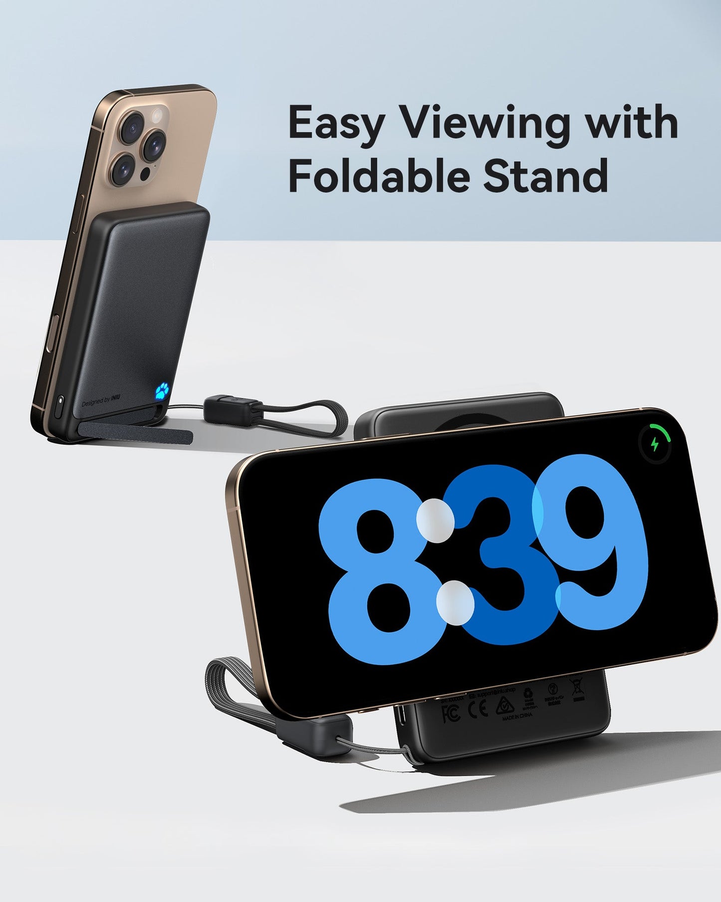 INIU SnapGo P73-E1 with Foldable Stand: Wireless charging for iPhone with easy viewing at 8:39, black power bank.