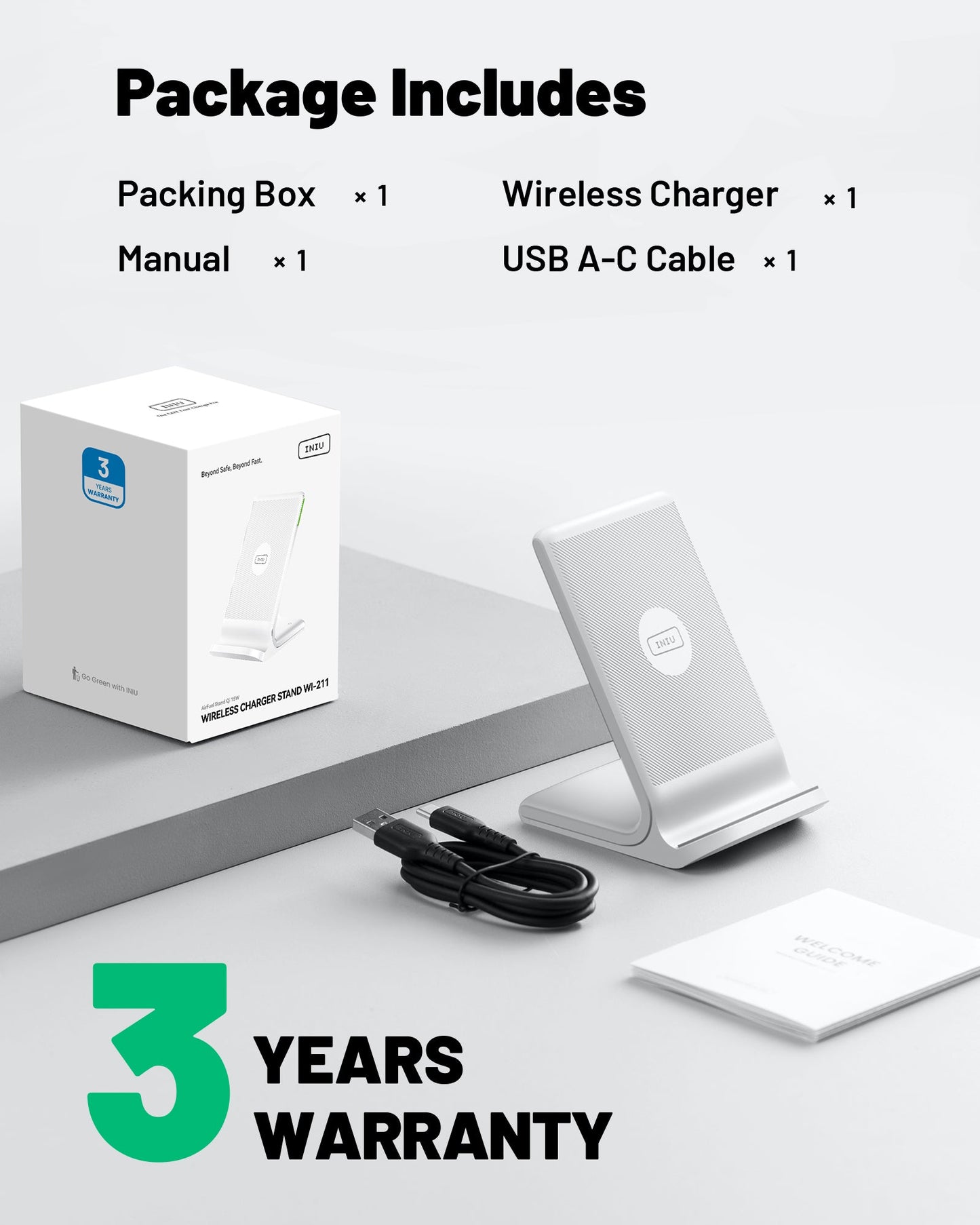 INIU WI-211 Wireless Charger Package Includes, with 3 Years Warranty, white charger and USB-C cable.
