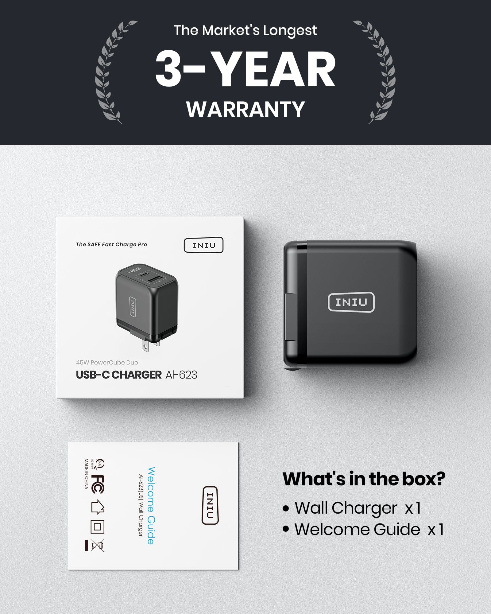 INIU I623 2-Port 45W Charger - Warranty, box contents. Black charger with USB-C ports and welcome guide.