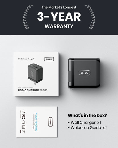 INIU I623 2-Port 45W Charger - Warranty, box contents. Black charger with USB-C ports and welcome guide.