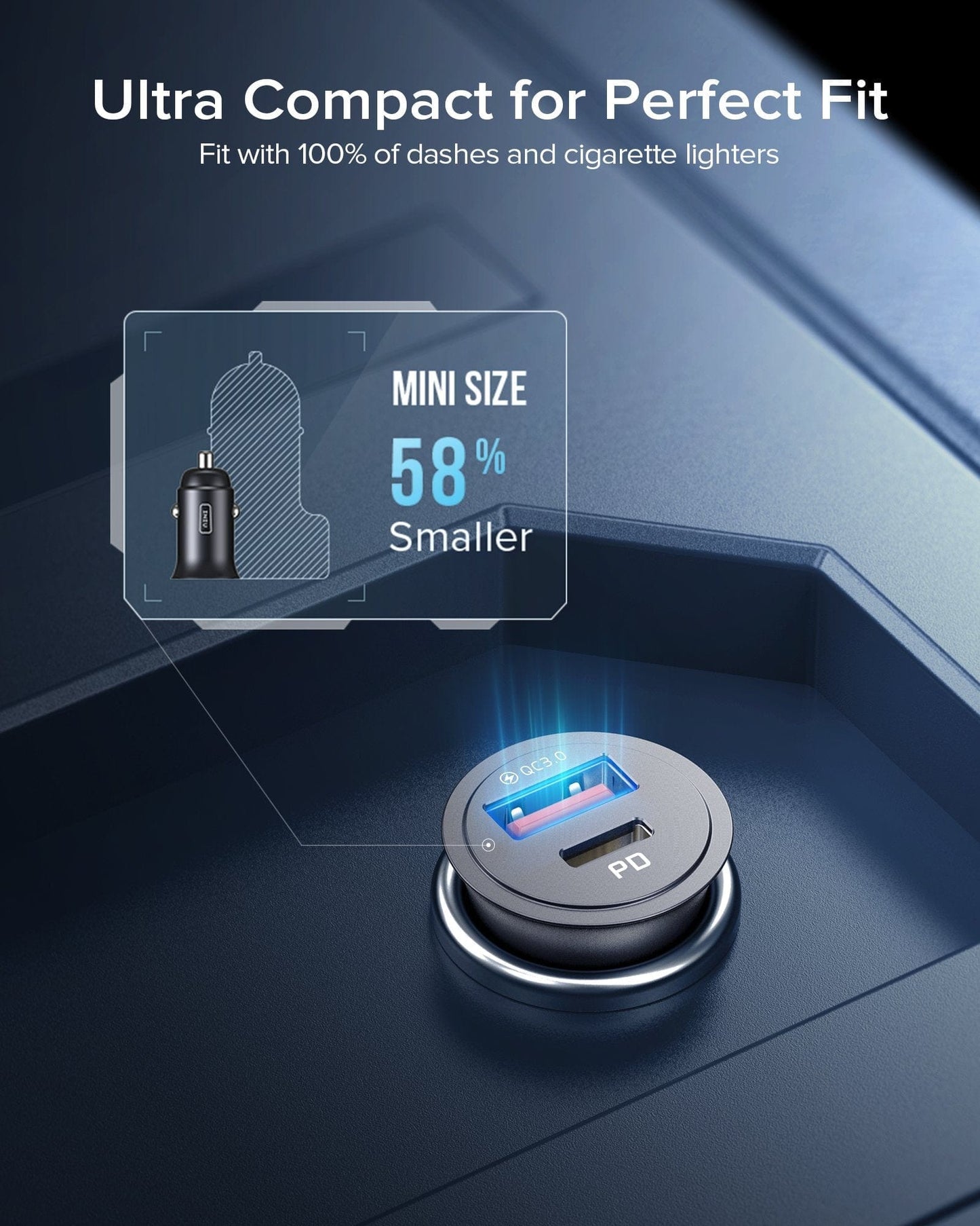 INIU I710 car charger: ultra-compact, PD & QC3.0 ports, 58% smaller, fits all dashes.