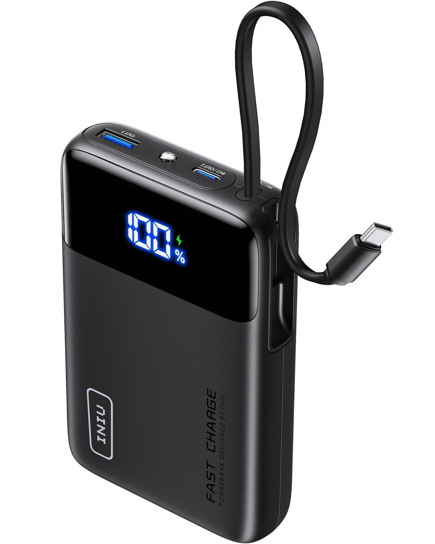 INIU Carry P51L-E2 Power Bank: Black 45W fast charging power bank with built-in USB-C cable, digital display shows 100%.
