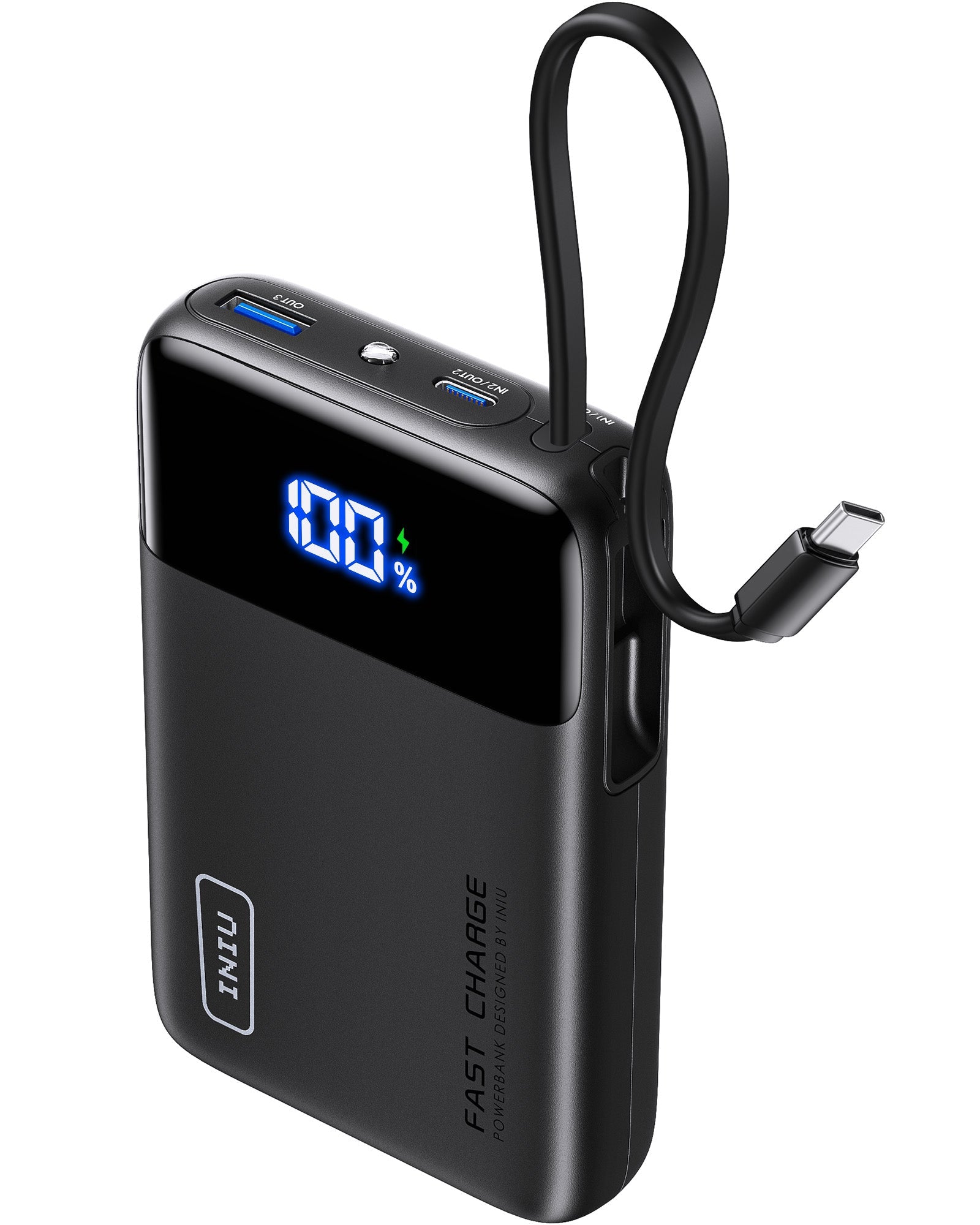 INIU Carry P51L-E2 Power Bank: Black 45W fast charging power bank with built-in USB-C cable, digital display shows 100%.