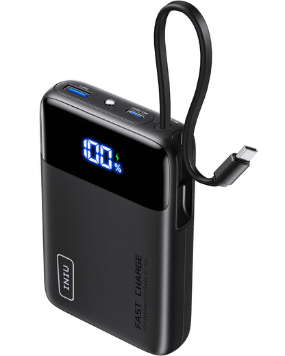 INIU Carry P51L-E2 Power Bank: Black 45W fast charging power bank with built-in USB-C cable, digital display shows 100%.