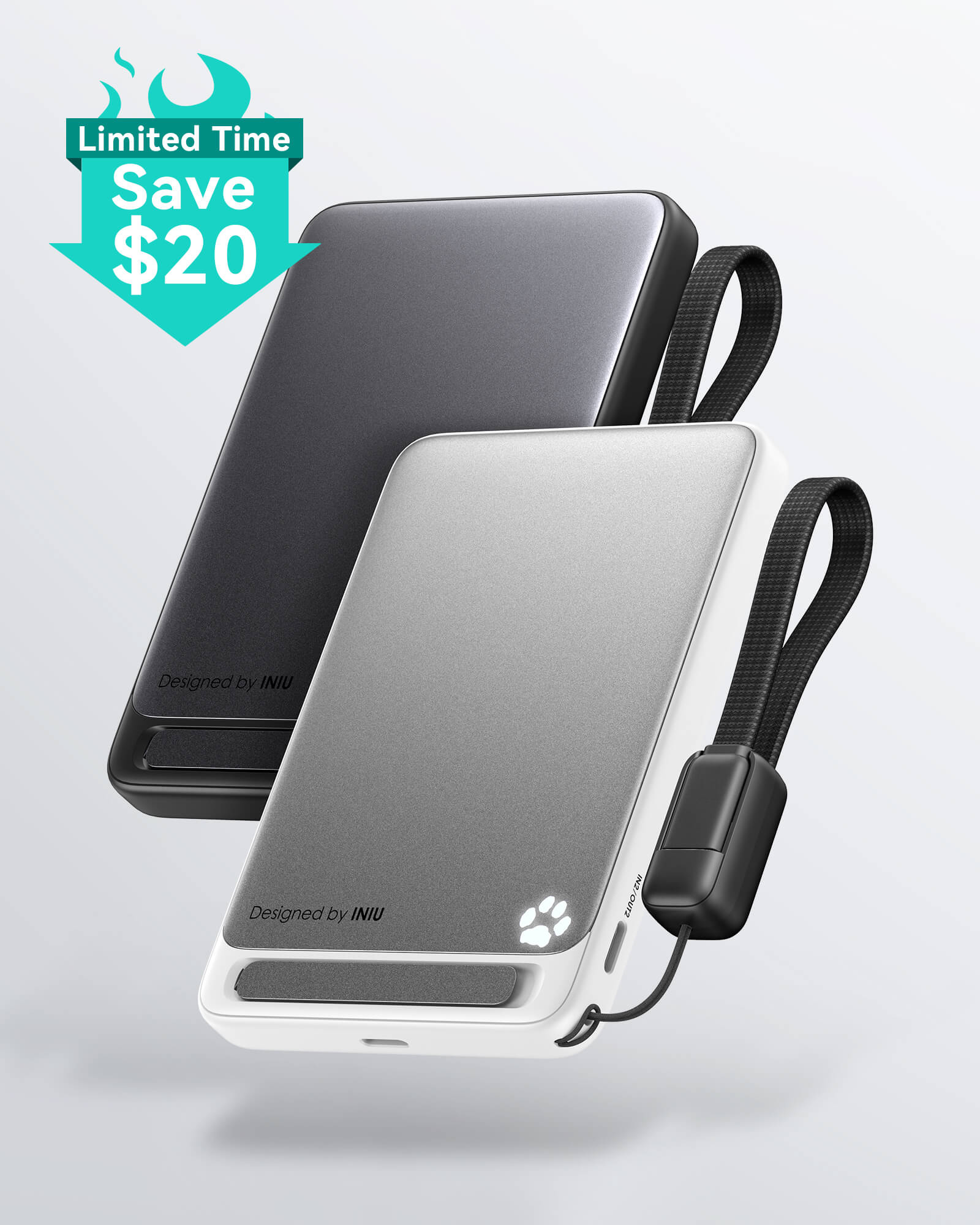 INIU SnapGo P73-E1 Wireless Charger, dual black and silver power banks, "Save $20" offer, compact design, with lanyard