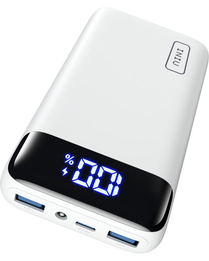INIU B5 Power Bank, white portable charger with digital display showing 100% charge, fast charging.