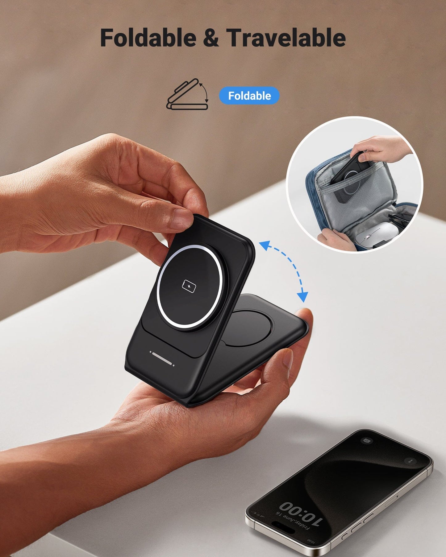 INIU Foldable 3-in-1 Wireless Charger: Black, travel-friendly design with phone, Apple Watch, AirPods, for iPhone 15/14/13/12