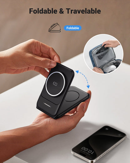 INIU Foldable 3-in-1 Wireless Charger: Black, travel-friendly design with phone, Apple Watch, AirPods, for iPhone 15/14/13/12