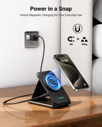INIU Magnetic Foldable Wireless Charger: Black, iPhone charging on stand, Power in a Snap instant magnetic charging