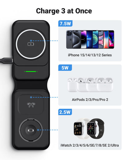 INIU 3-in-1 Wireless Charger for iPhone, Apple Watch, and AirPods: simultaneous charging, black design