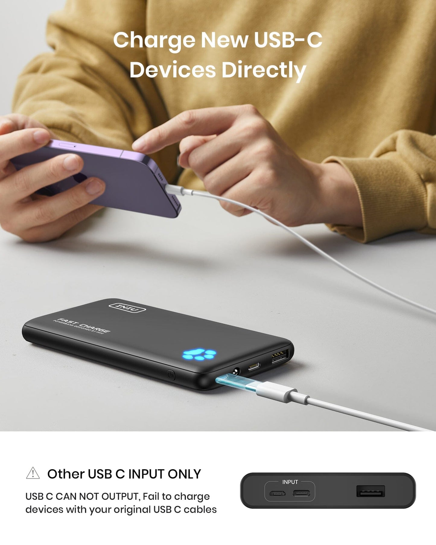 INIU B3 Portable Charger charging new USB-C devices, black power bank, fast charging