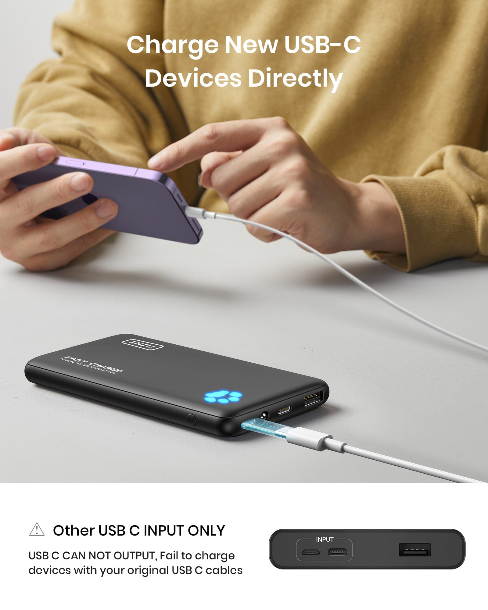 INIU B3 Portable Charger charging new USB-C devices, black power bank, fast charging