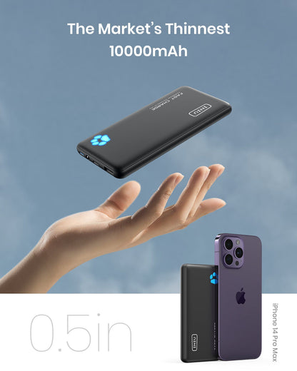 INIU B3 10000mAh Power Bank: Slim black, fast charging, iPhone 14 Pro Max, The Thinnest 0.5in.