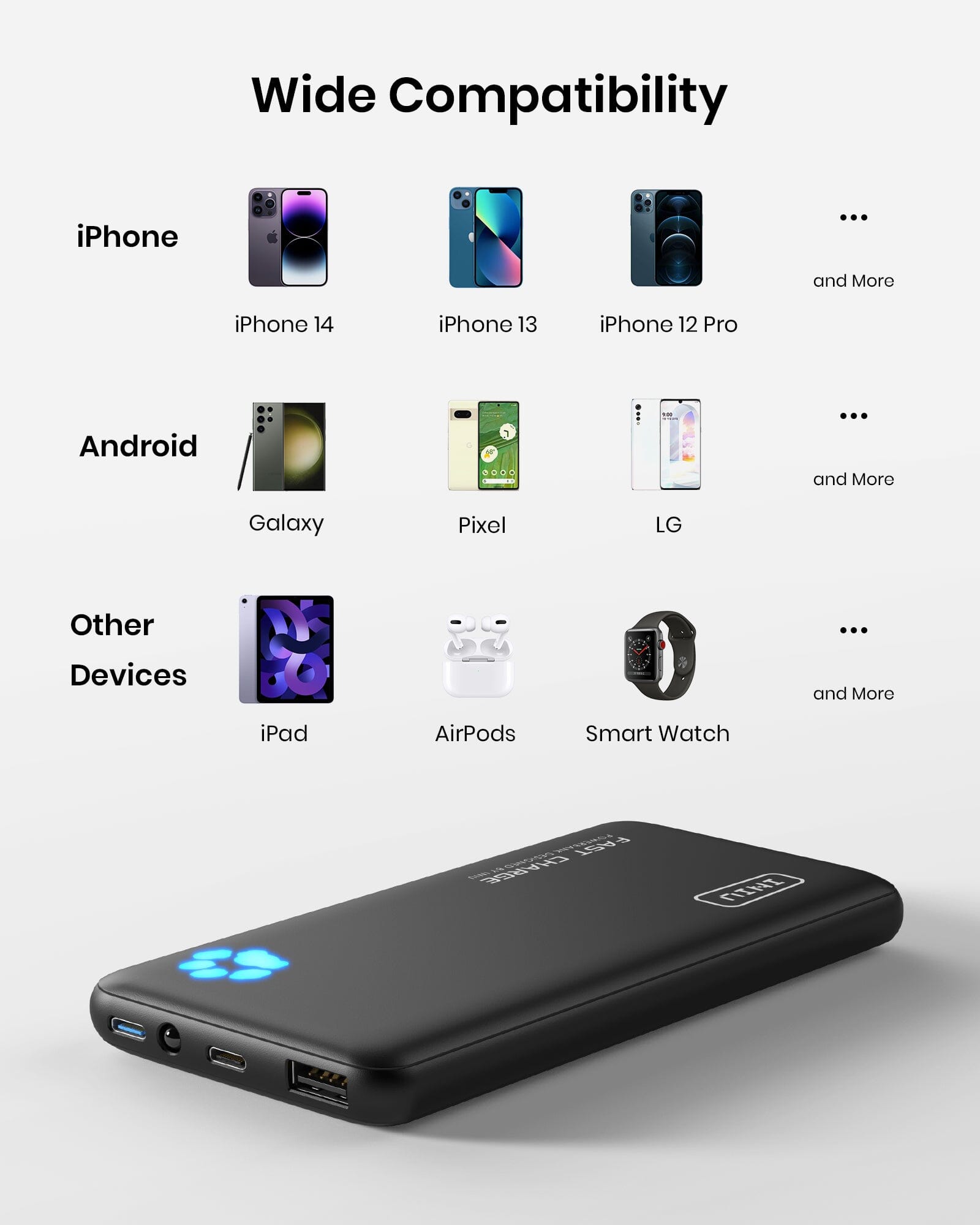INIU B3 Portable Charger: Wide Compatibility, fast charging for iPhone, Android, and other devices.