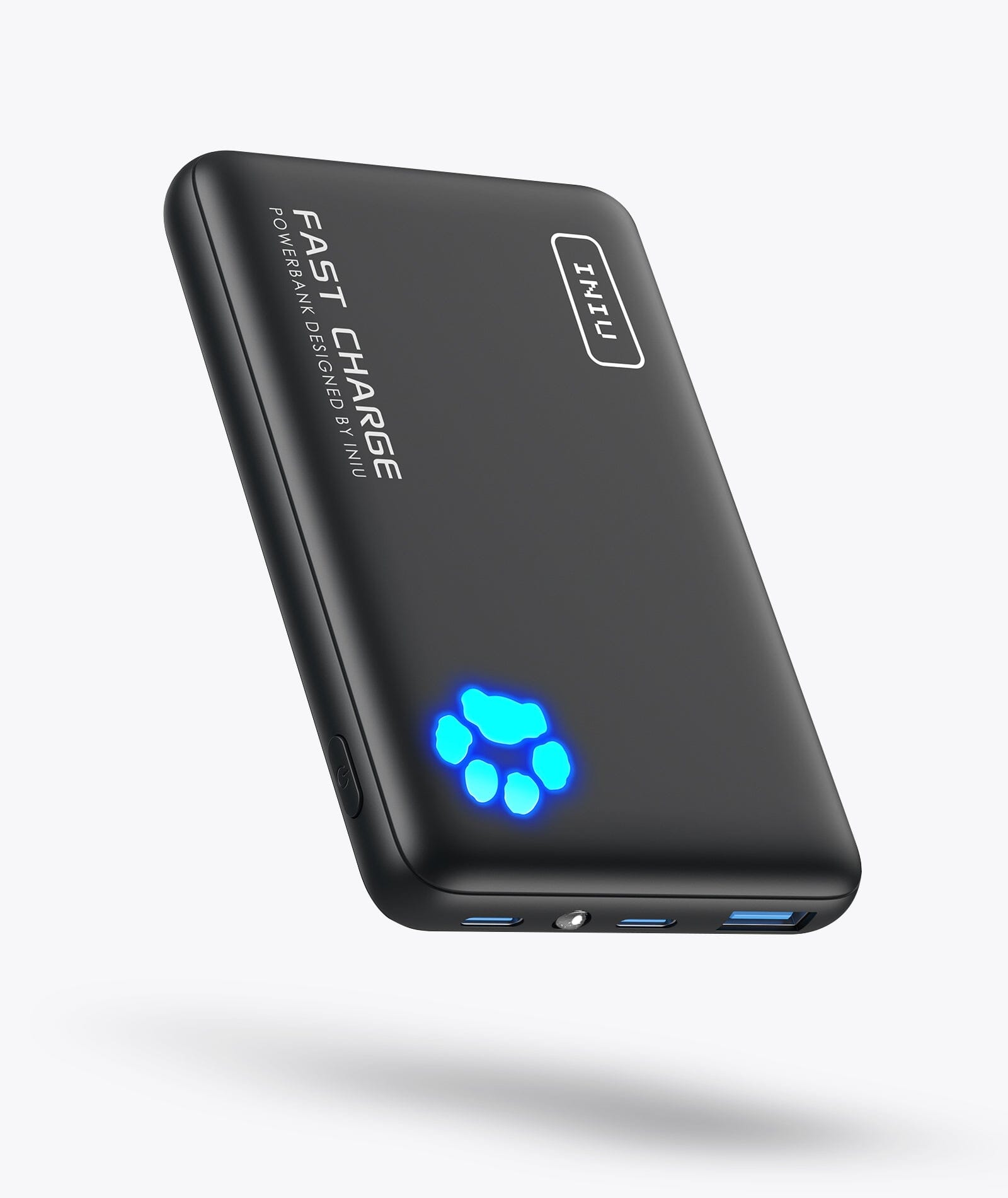 INIU B3 Portable Charger - Black, fast charging power bank with blue LED indicator, compact design, and USB ports.