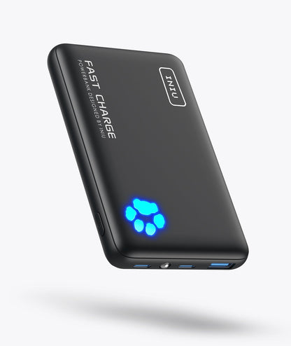 INIU B3 Portable Charger - Black, fast charging power bank with blue LED indicator, compact design, and USB ports.