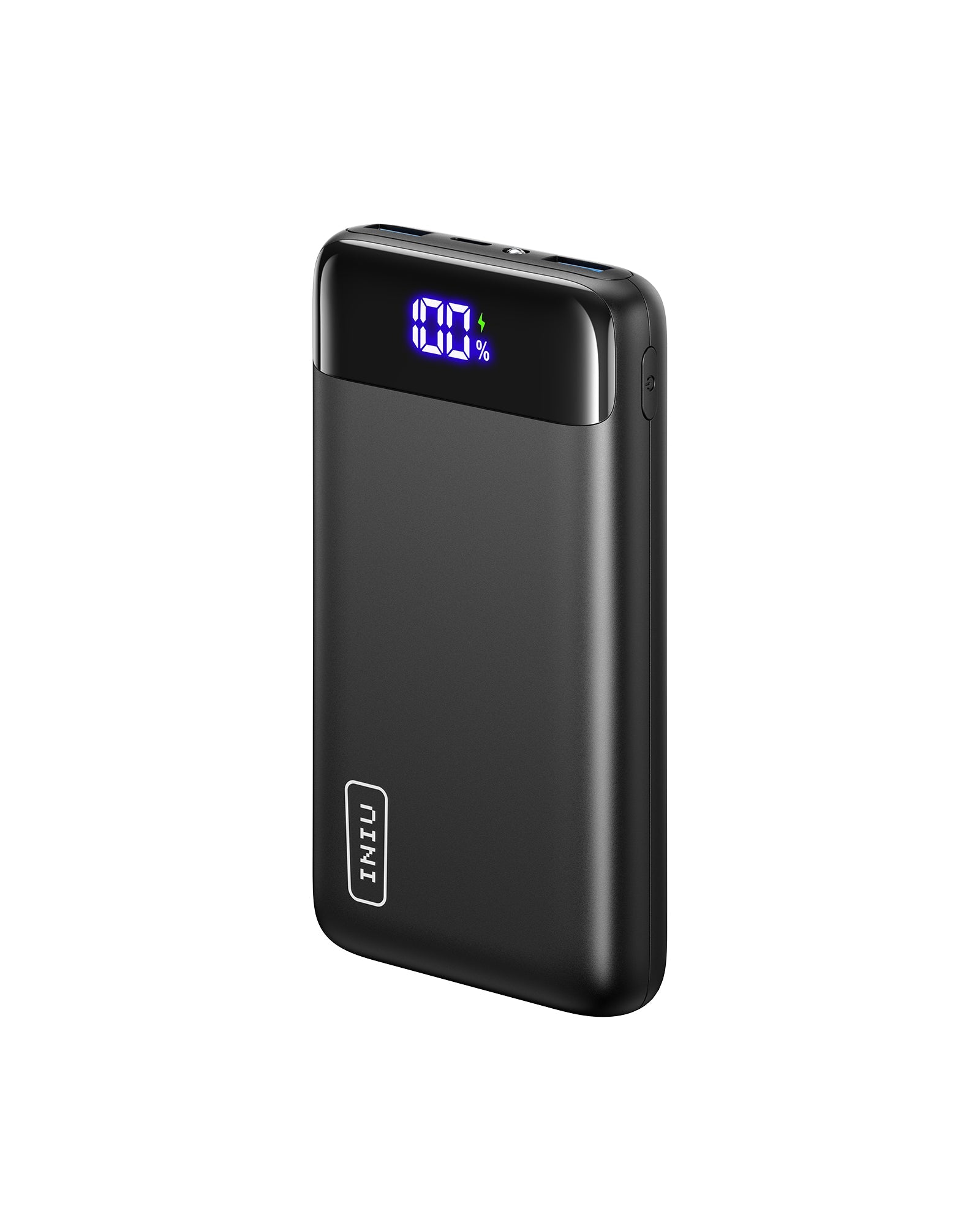 INIU B5 20,000mAh Power Bank - Black with digital display showing 100% charge, a portable charger for fast charging.