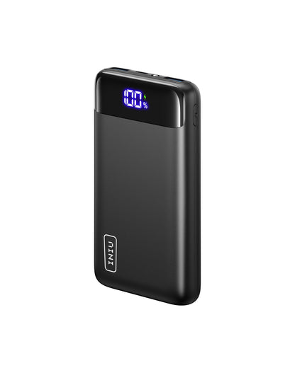 INIU B5 20,000mAh Power Bank - Black with digital display showing 100% charge, a portable charger for fast charging.