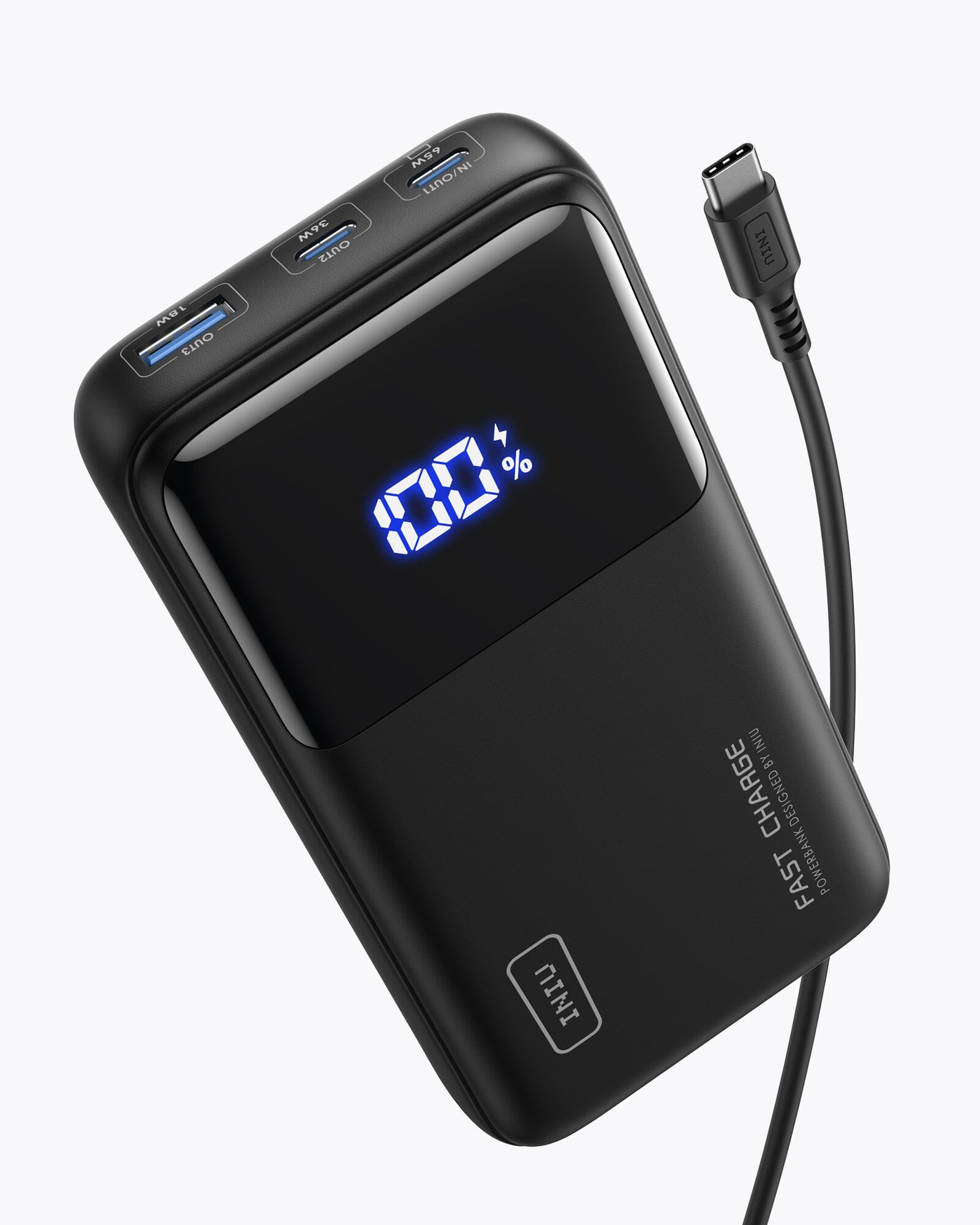INIU B62 Power Bank - Black power bank with USB-C, digital display, and FAST CHARGE