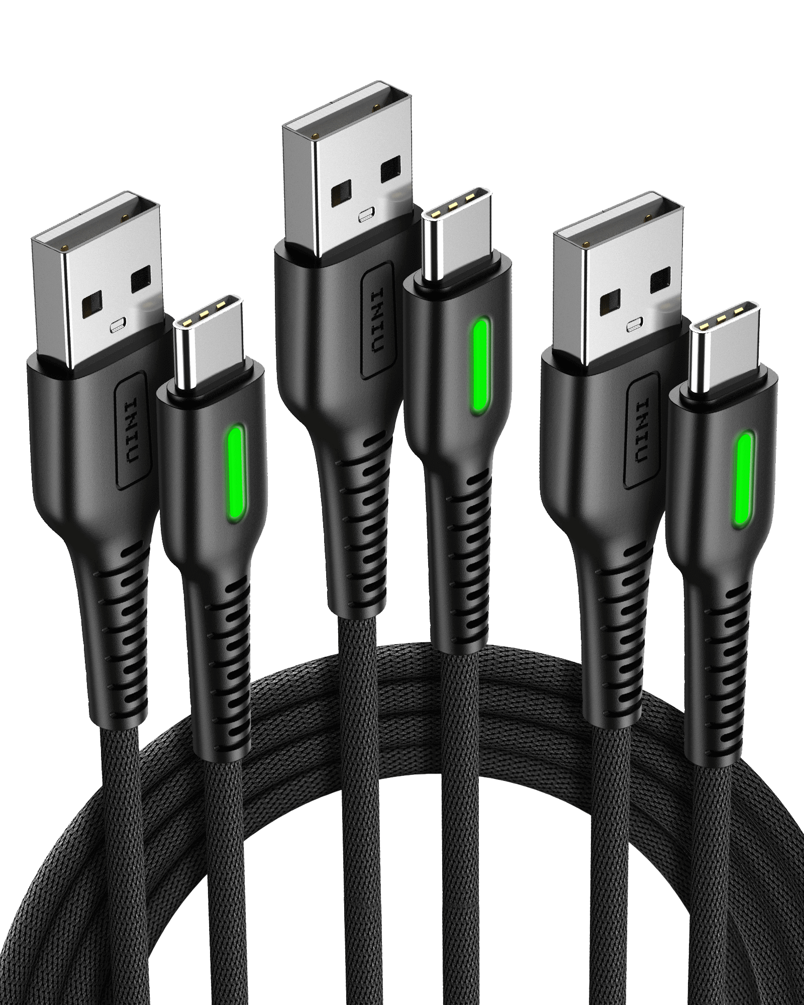 INIU D3C USB C Cable 3-Pack: Black braided USB-C cables with LED, for fast charging.