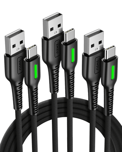 INIU D3C USB C Cable 3-Pack: Black braided USB-C cables with LED, for fast charging.