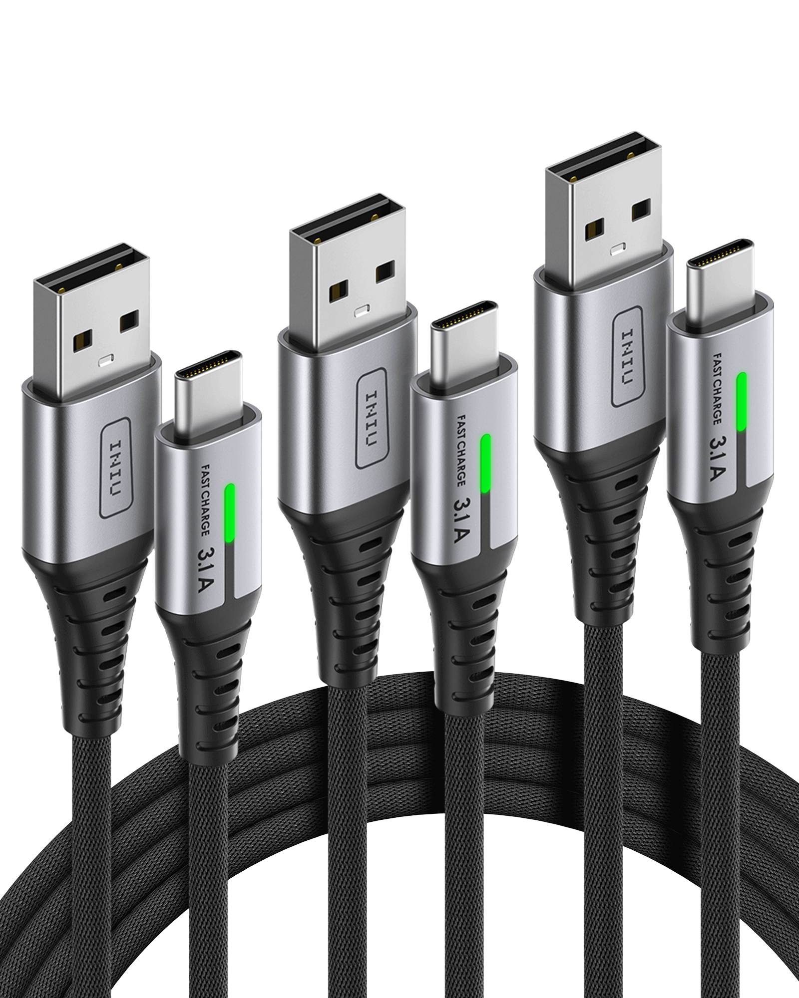 INIU D5C USB-C Charging Cable 3-Pack, Fast Charging 3.1A, Black, Silver